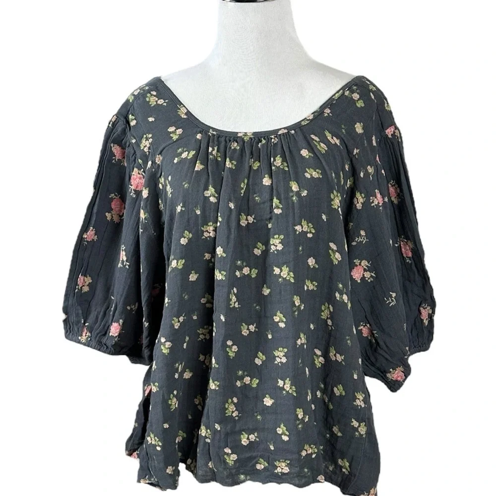 Free People Chloe Printed Top Washed Black Floral Large NWT Cottage Bow Gauze